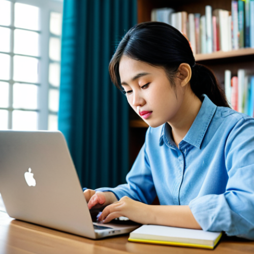 Home 14 A focused young Vietnamese woman, wearing modest casual attire, fully clothed, and appropriate attire, is sitting comfortably at a modern wooden desk. She is attentively looking at a laptop screen, with an open textbook and a neatly organized notebook beside her. Her hands are naturally resting on the desk. The setting is a brightly lit, clean home study space, with a blurred bookshelf in the background. Natural light streams through a window. This is a high-resolution, professional photograph with perfect anatomy, correct proportions, well-formed hands, proper finger count, and natural body proportions. The content is safe for work, appropriate, family-friendly, and professional.