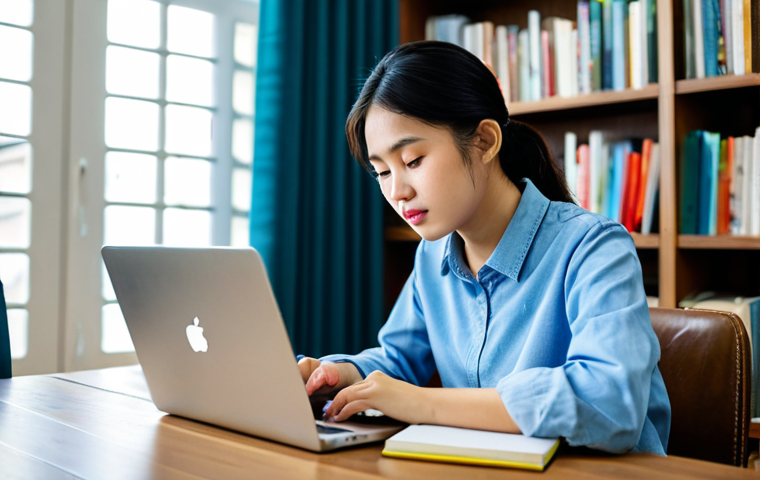 A focused young Vietnamese woman, wearing modest casual attire, fully clothed, and appropriate attire, is sitting comfortably at a modern wooden desk. She is attentively looking at a laptop screen, with an open textbook and a neatly organized notebook beside her. Her hands are naturally resting on the desk. The setting is a brightly lit, clean home study space, with a blurred bookshelf in the background. Natural light streams through a window. This is a high-resolution, professional photograph with perfect anatomy, correct proportions, well-formed hands, proper finger count, and natural body proportions. The content is safe for work, appropriate, family-friendly, and professional.