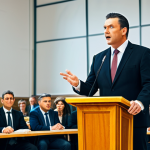 A highly experienced professional auctioneer, fully clothed in a modest, dark business suit, stands confidently behind a polished wooden podium in a spacious, brightly lit modern auction hall. The auctioneer holds a traditional gavel in one hand, while gesturing clearly with the other, maintaining an engaged and professional expression. A diverse, attentive crowd is visible in the foreground and background, with large digital display screens subtly integrated into the hall showing current bids. The scene evokes a dynamic and well-controlled atmosphere. Perfect anatomy, correct proportions, natural pose, well-formed hands, proper finger count, natural body proportions. Professional photography, high resolution, sharp focus, appropriate content, safe for work, fully clothed, family-friendly.