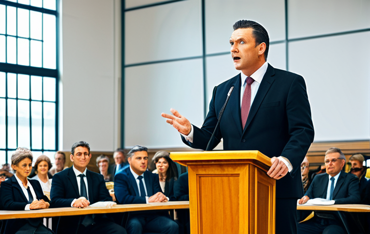 A highly experienced professional auctioneer, fully clothed in a modest, dark business suit, stands confidently behind a polished wooden podium in a spacious, brightly lit modern auction hall. The auctioneer holds a traditional gavel in one hand, while gesturing clearly with the other, maintaining an engaged and professional expression. A diverse, attentive crowd is visible in the foreground and background, with large digital display screens subtly integrated into the hall showing current bids. The scene evokes a dynamic and well-controlled atmosphere. Perfect anatomy, correct proportions, natural pose, well-formed hands, proper finger count, natural body proportions. Professional photography, high resolution, sharp focus, appropriate content, safe for work, fully clothed, family-friendly.
