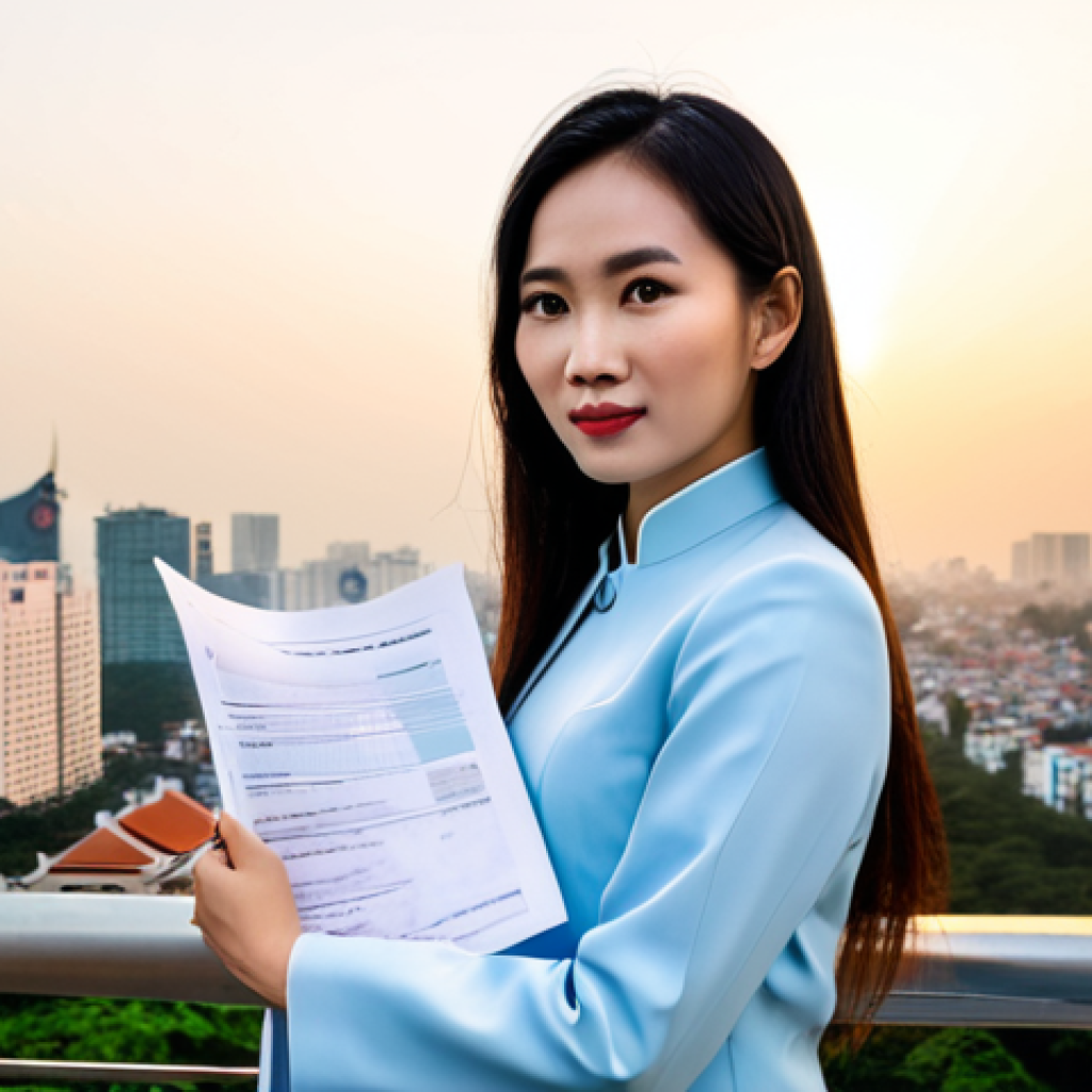 **
"A confident businesswoman in a tailored Ao Dai, standing in front of the Ho Chi Minh City skyline at sunset, holding a legal document. Fully clothed, professional attire, safe for work, perfect anatomy, natural proportions, high-quality photography, family-friendly."
**