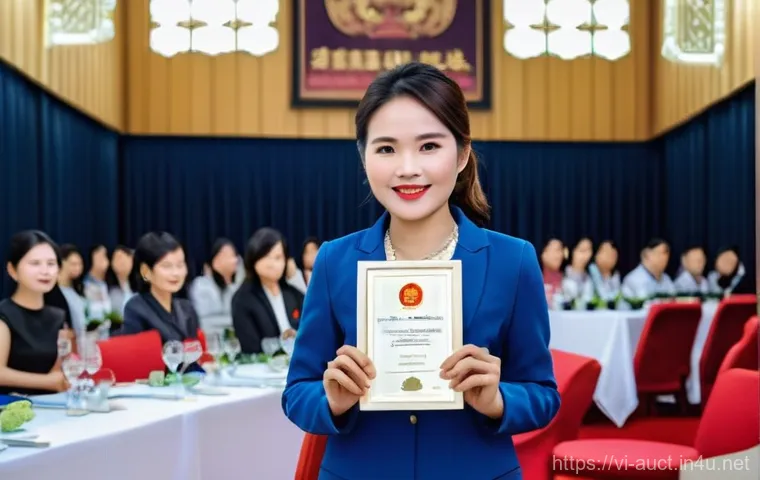 경매사 자격증의 중요성과 활용도 - A confident Vietnamese male or female auctioneer in their late 30s to early 40s, wearing a sharp bus...