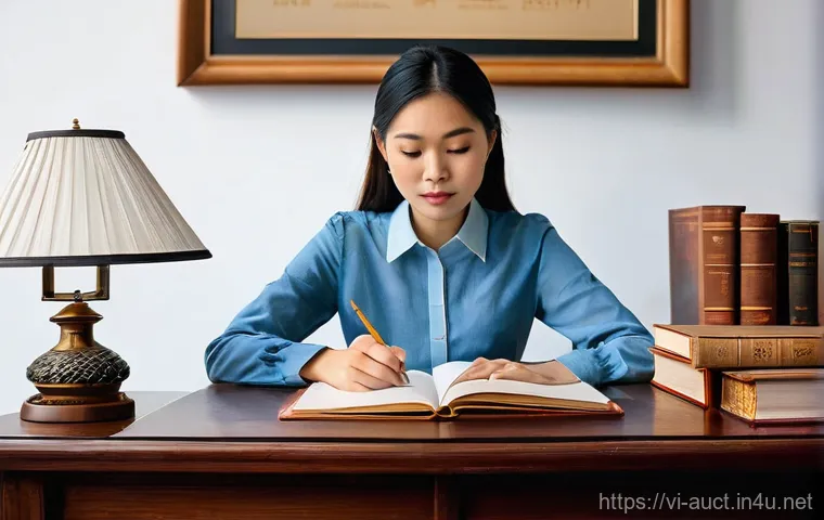 경매사 필기시험 문제 유형 분석 - **The Aspiring Auctioneer's Study Journey:** A young Vietnamese woman, in her mid-20s, sits diligent...