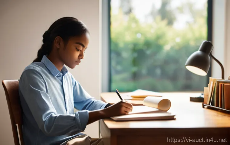 경매사 시험 준비 과정에서의 집중력 유지법 - **Prompt:** A young adult student, appearing calm and deeply focused, is comfortably seated at a met...