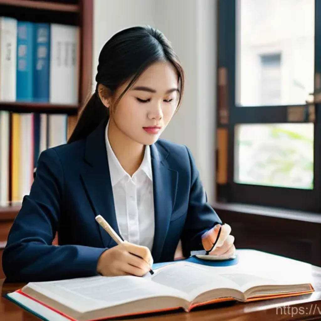 경매사 시험 중점 학습 주제 - **Prompt 1: Aspiring Auctioneer's Study Session**
A determined young Vietnamese woman, in her mi...