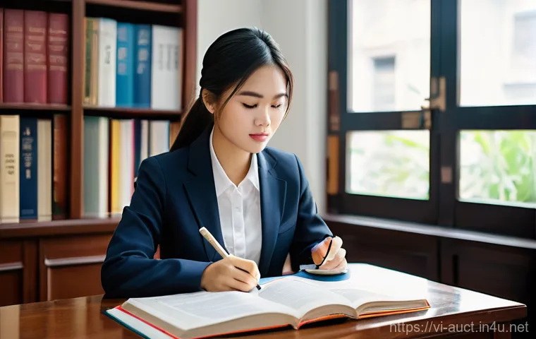 경매사 시험 중점 학습 주제 - **Prompt 1: Aspiring Auctioneer's Study Session**
    A determined young Vietnamese woman, in her mi...