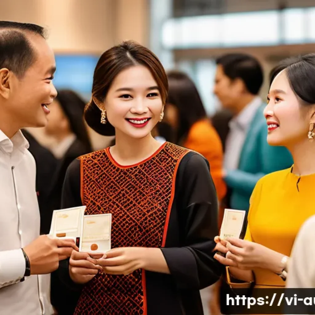 경매사 경력 개발에 유용한 네트워킹 팁 - A professional networking event set in a modern Vietnamese auction house, featuring diverse business...