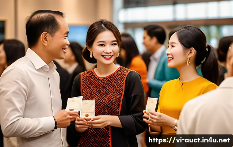 경매사 경력 개발에 유용한 네트워킹 팁 - A professional networking event set in a modern Vietnamese auction house, featuring diverse business...