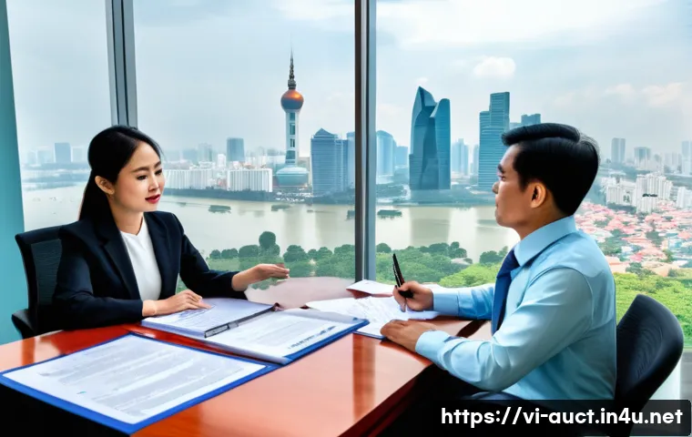 경매사 실무에 필요한 계약서 검토법 - A detailed professional office scene showing a Vietnamese legal expert consulting with a client over...