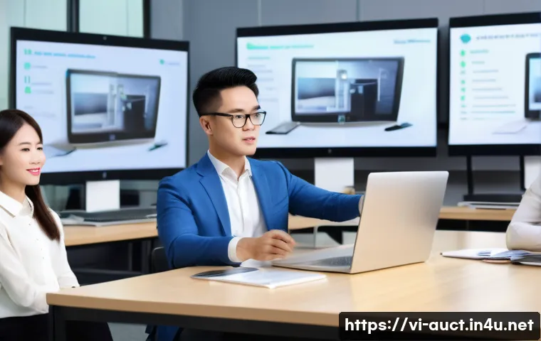 경매사 관련 학습 자료의 최신 업데이트 정보 - A modern Vietnamese auction training classroom scene with diverse adult learners using laptops and t...