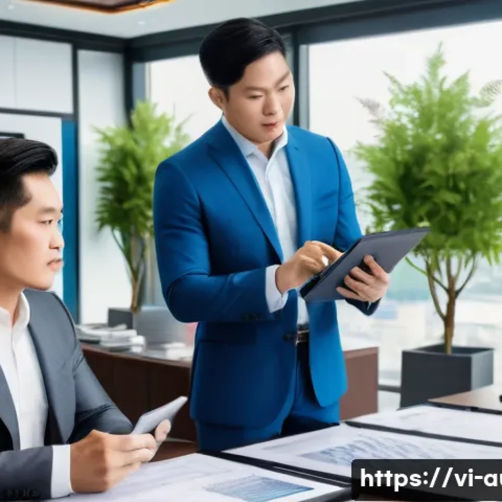 경매사 경력을 활용한 창업 아이디어 - A professional Vietnamese auction valuation consultant advising a client in a modern office setting,...