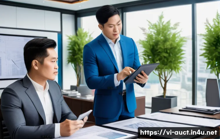 경매사 경력을 활용한 창업 아이디어 - A professional Vietnamese auction valuation consultant advising a client in a modern office setting,...