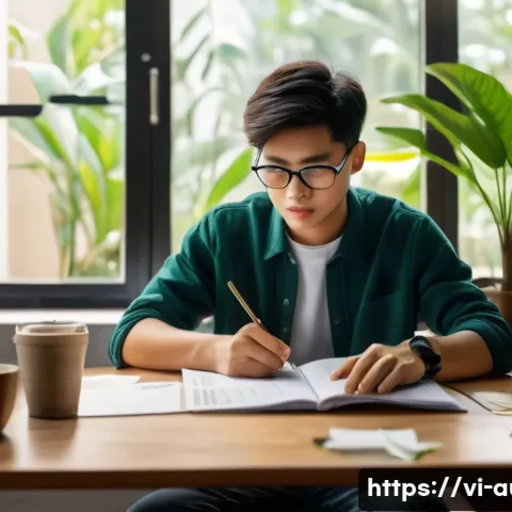 경매사 필기시험 대비 모의시험 팁 - A focused Vietnamese student sitting at a wooden desk in a cozy, well-lit study room, surrounded by ...
