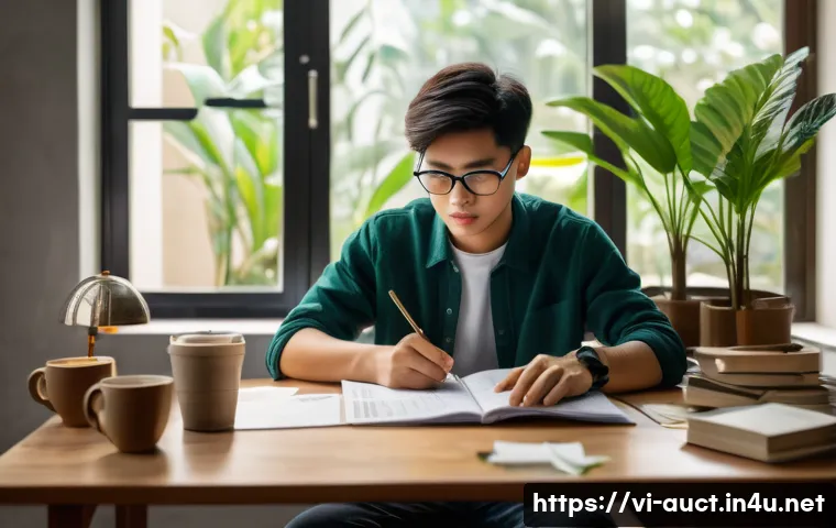 경매사 필기시험 대비 모의시험 팁 - A focused Vietnamese student sitting at a wooden desk in a cozy, well-lit study room, surrounded by ...