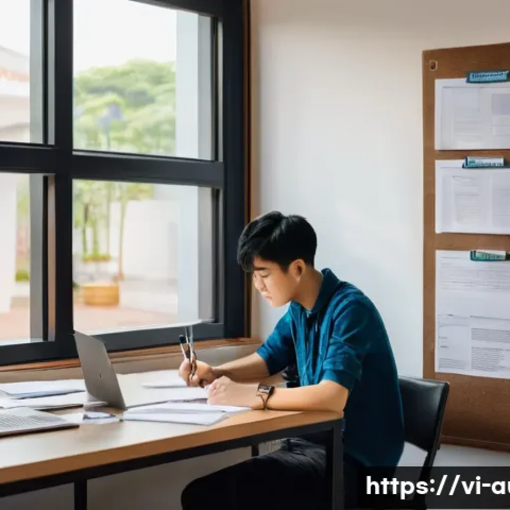 경매사 시험에서 높은 점수를 얻기 위한 전략 - A Vietnamese student studying for an auction exam in a modern home office, surrounded by organized s...