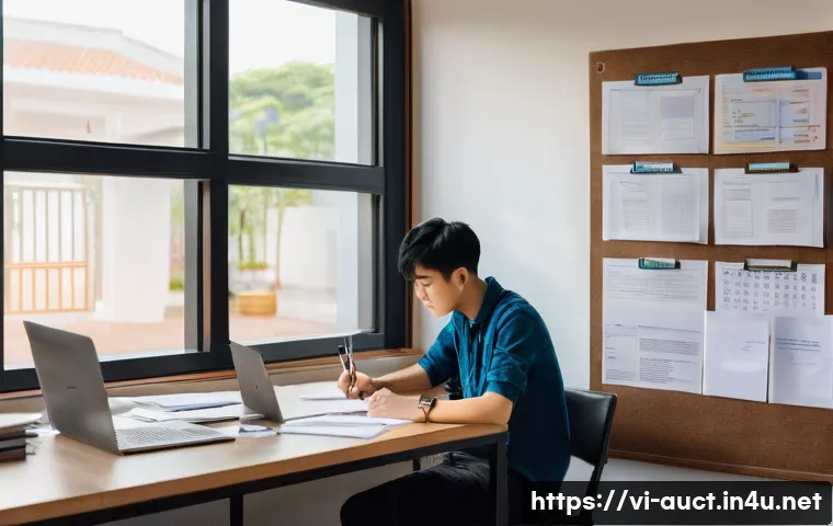 경매사 시험에서 높은 점수를 얻기 위한 전략 - A Vietnamese student studying for an auction exam in a modern home office, surrounded by organized s...