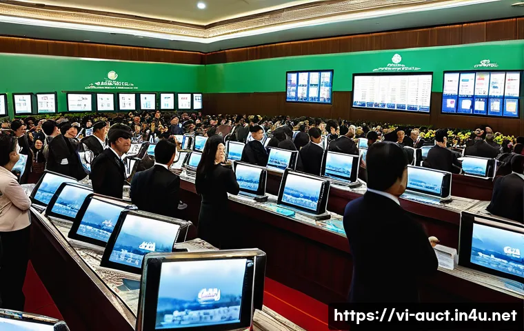 경매사로 시작하기 전 확인할 사항 - A detailed auction scene in a modern Vietnamese auction house, featuring diverse assets like real es...