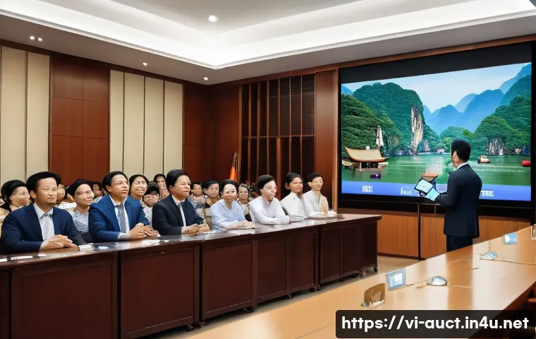 경매사 시험 준비 중 놓치기 쉬운 부분 - A professional Vietnamese auction scene inside a modern conference room, featuring diverse adult par...