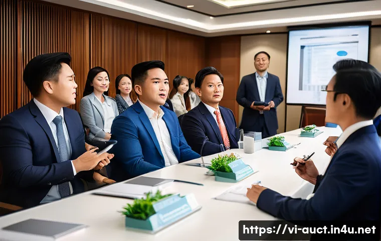 경매사 실기시험에서 주의할 실수 - A professional Vietnamese auction scene inside a modern conference room, featuring a confident aucti...