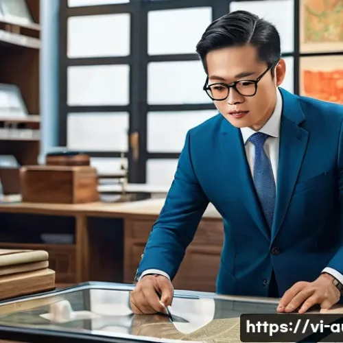 경매사 경력 활용 부가 소득 방법 - A professional Vietnamese auction consultant in a modern office setting, analyzing antique items and...