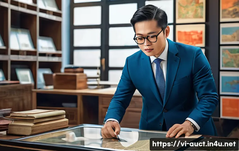 경매사 경력 활용 부가 소득 방법 - A professional Vietnamese auction consultant in a modern office setting, analyzing antique items and...