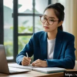 경매사 자격증 취득 과정의 어려움과 극복 사례 - A focused Vietnamese adult student sitting at a modern desk in a cozy home study environment, surrou...