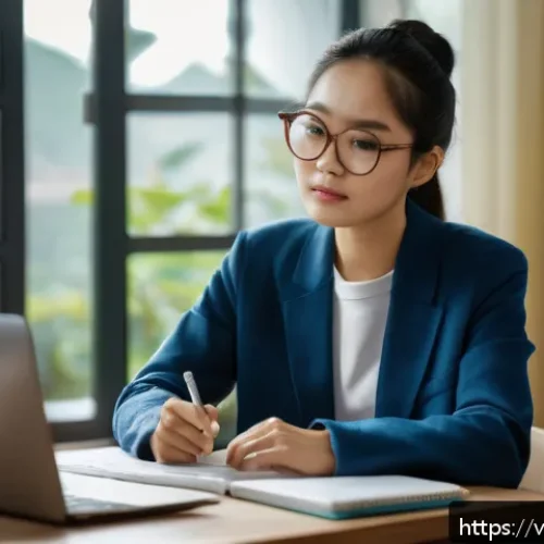 경매사 자격증 취득 과정의 어려움과 극복 사례 - A focused Vietnamese adult student sitting at a modern desk in a cozy home study environment, surrou...