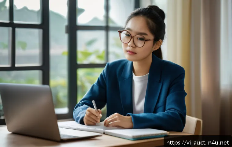경매사 자격증 취득 과정의 어려움과 극복 사례 - A focused Vietnamese adult student sitting at a modern desk in a cozy home study environment, surrou...