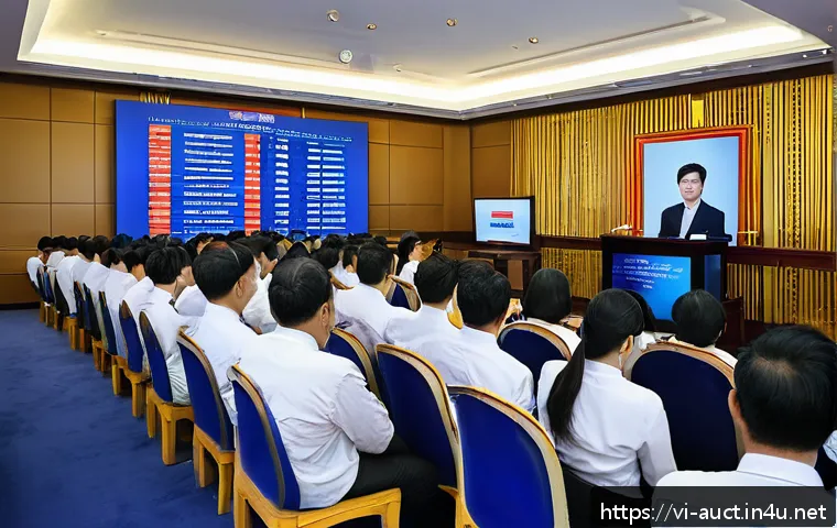 경매사 필기시험에서 중요한 법률 주제 - A professional auction scene set in a modern Vietnamese auction house, showing diverse participants ...