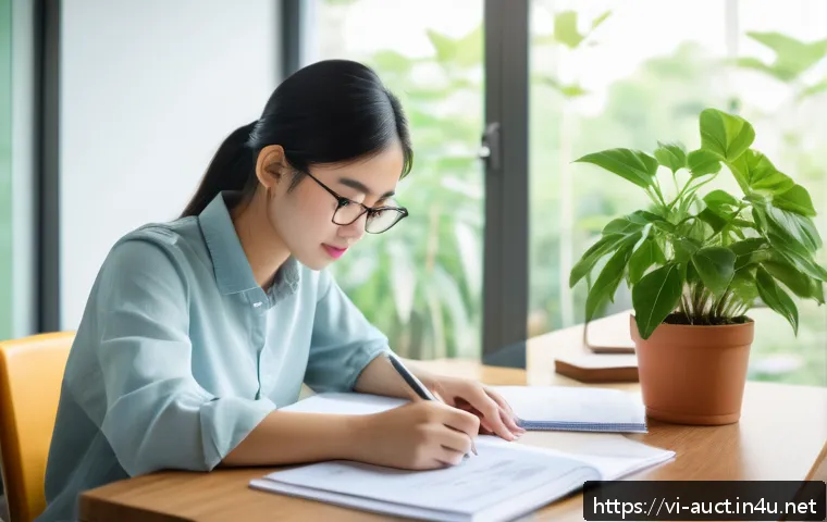 경매사 시험에서 높은 점수 받는 팁 - A focused Vietnamese student sitting at a wooden desk in a bright, modern study room, surrounded by ...