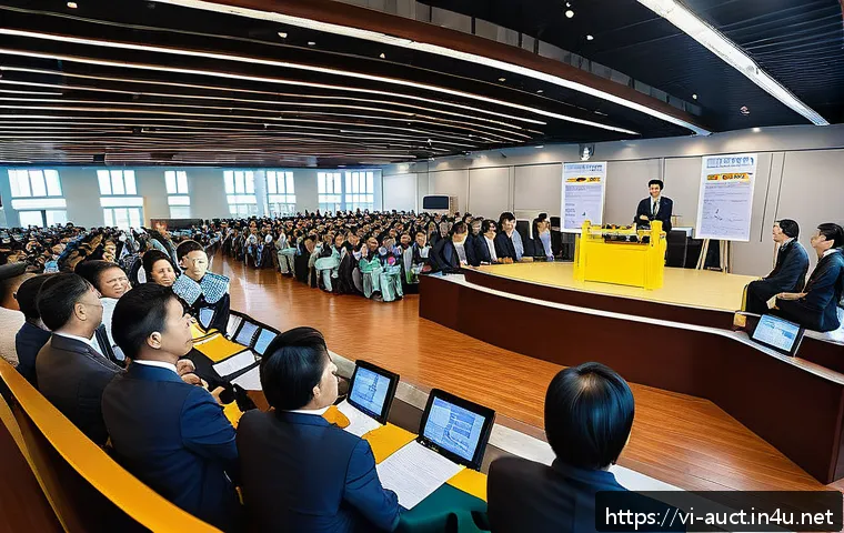 경매사 실무에서의 계약서 작성 요령 - A professional auction setting inside a modern Vietnamese auction house, featuring a diverse group o...