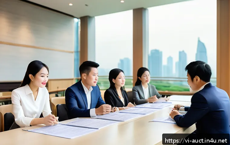 경매사 시험에서 성공하기 위한 실전 팁 - A professional Vietnamese real estate auction scene inside a modern conference room, diverse middle-...