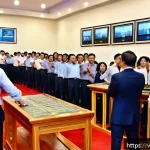 경매사 시험장에서 발생할 수 있는 문제 대비 - A detailed scene of a Vietnamese auction house interior during a property auction, showing diverse p...