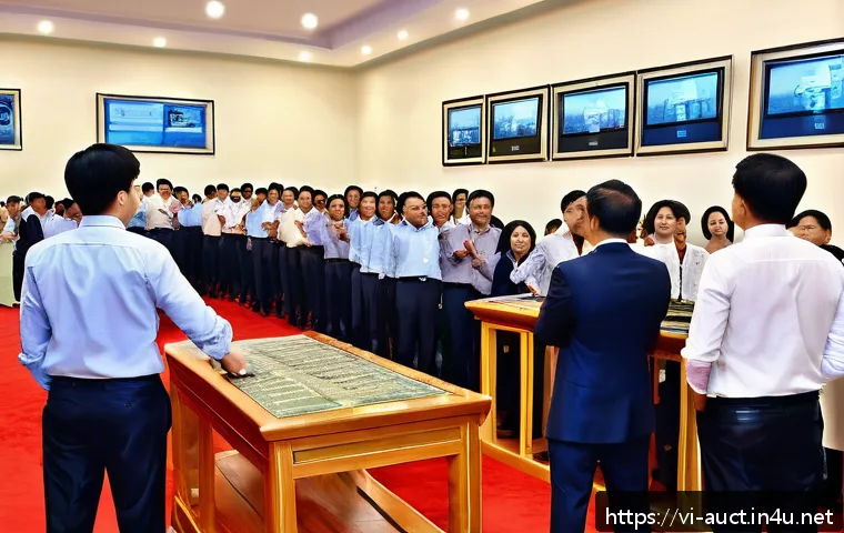 경매사 시험장에서 발생할 수 있는 문제 대비 - A detailed scene of a Vietnamese auction house interior during a property auction, showing diverse p...