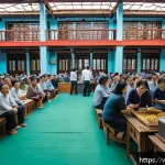 경매사 실무 경험 공유 - A vibrant Vietnamese auction scene inside a bustling market hall, featuring diverse bidders in casua...