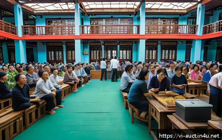 경매사 실무 경험 공유 - A vibrant Vietnamese auction scene inside a bustling market hall, featuring diverse bidders in casua...