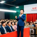 경매사 실기시험 준비 과정 기록 - A professional auctioneer standing confidently on a stage in front of a lively crowd in a modern Vie...