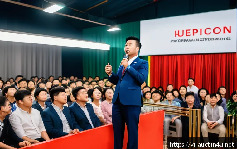 경매사 실기시험 준비 과정 기록 - A professional auctioneer standing confidently on a stage in front of a lively crowd in a modern Vie...