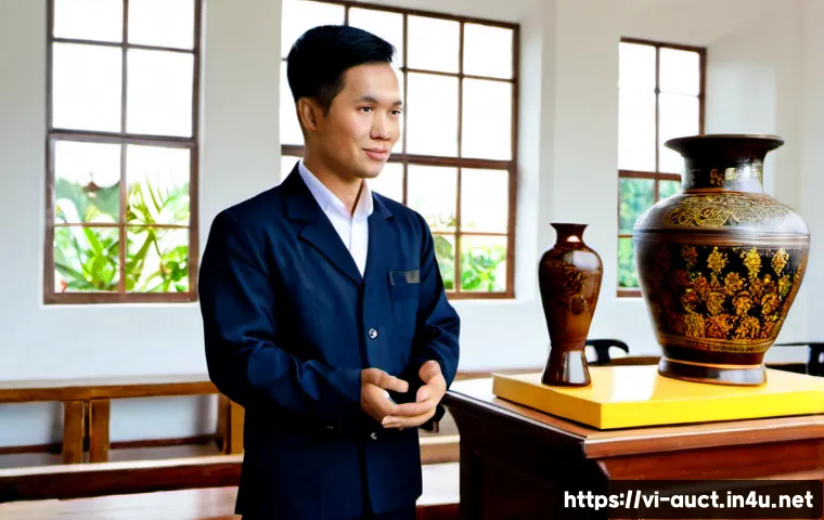 Home 17 경매사 실기시험에서 중요한 실습 사례 - Photorealistic Vietnamese auctioneer practical examination, confident adult trainee standing at a cl...