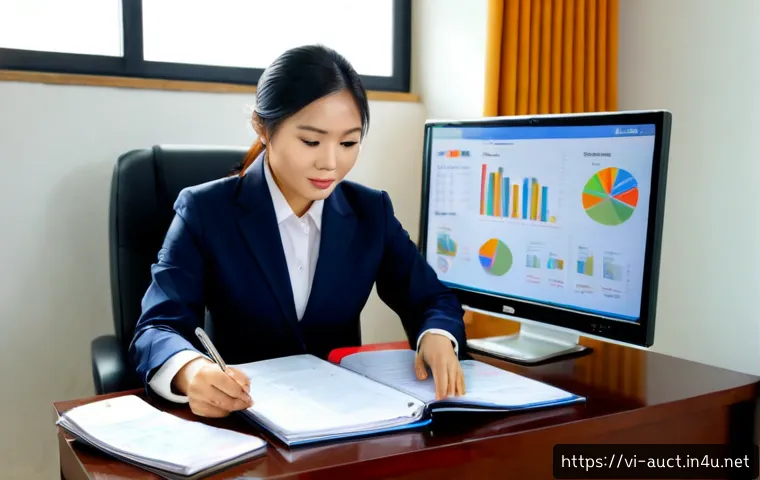 Home 17 경매사 이직 전략 - Photorealistic Vietnamese auction professional in smart business attire reviewing a career transitio...