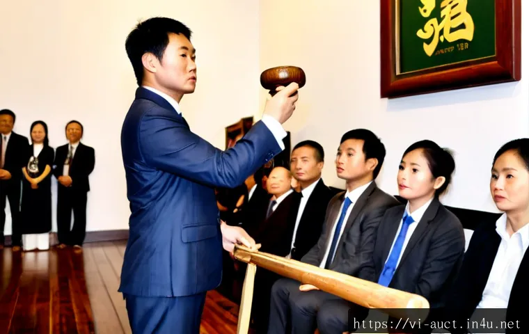 Home 17 경매사 자격증과 연관된 직업 목록 - Photorealistic Vietnamese auctioneer conducting a formal art auction in an elegant Hanoi gallery, co...
